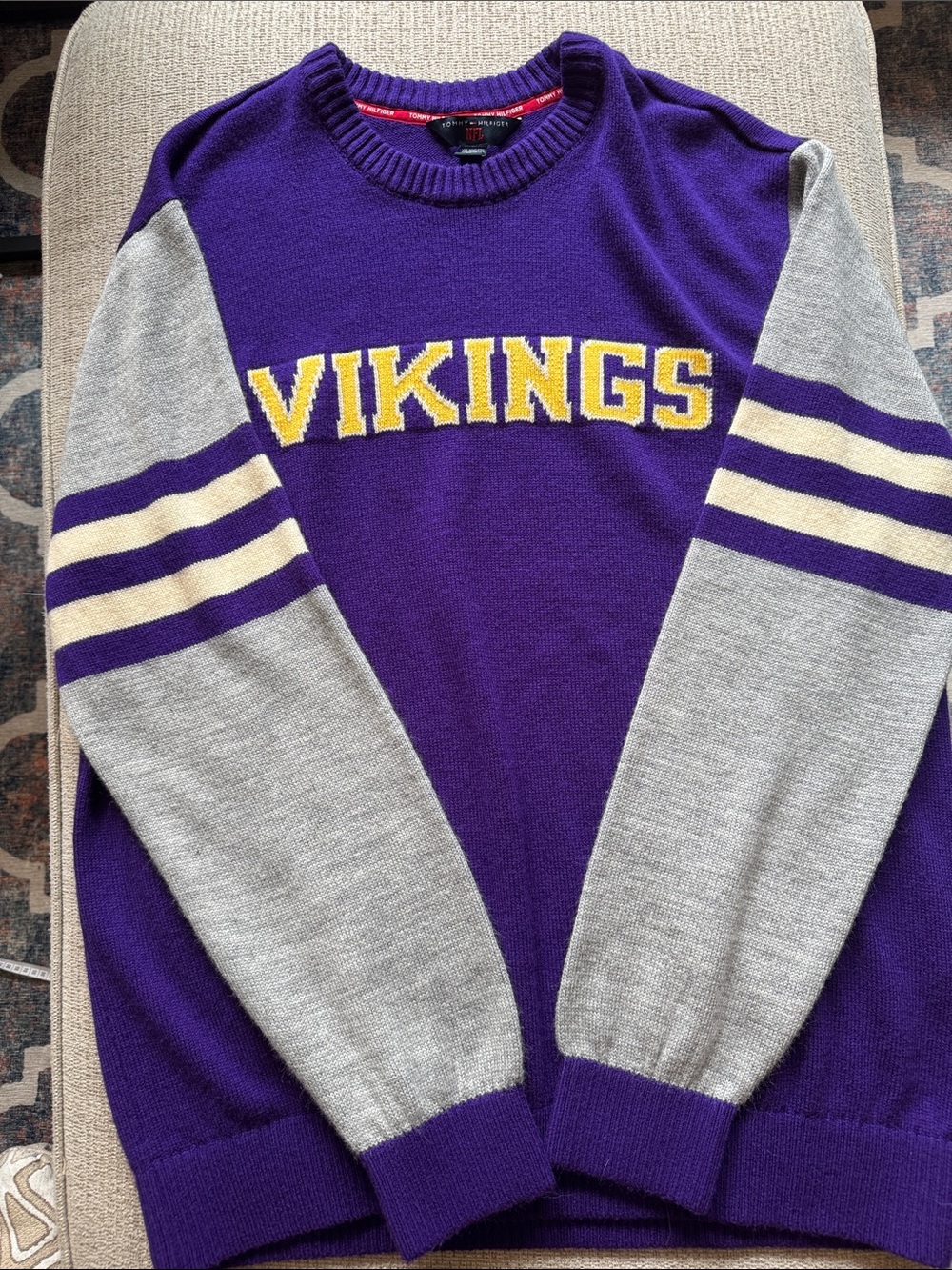 Tommy Hilfiger Minnesota Vikings Crewneck Sweater - Purple, Gray & Yellow - Picture 1 of 7